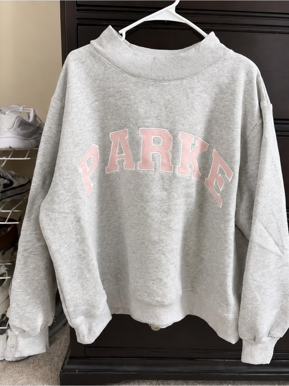 Parker Light Gray Crewneck Sweatshirt with Pale Pink Lettering